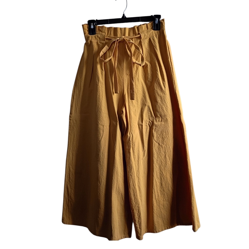 Mustard Wide-Leg High- Waisted Cotton Gaucho Pants With Tie Waist